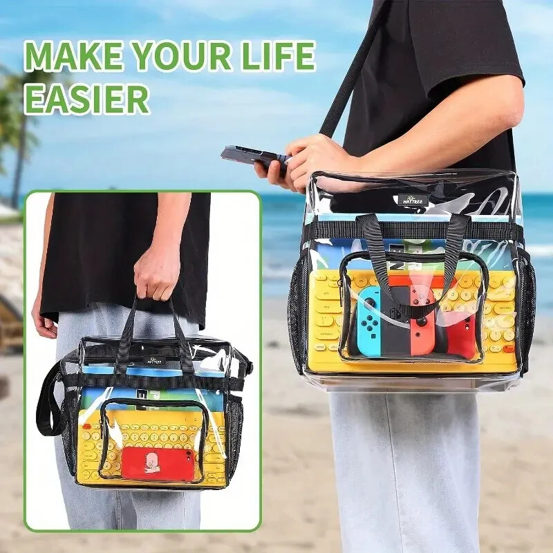 Clear Handbags With Side Bottle Pockets and 3pcs Stainless Steel Travel Cutlery