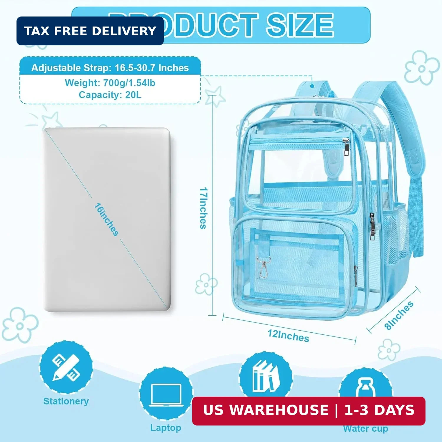 Clear Backpack for School, Large Heavy Duty Clear Bookbag with Luggage Strap & S