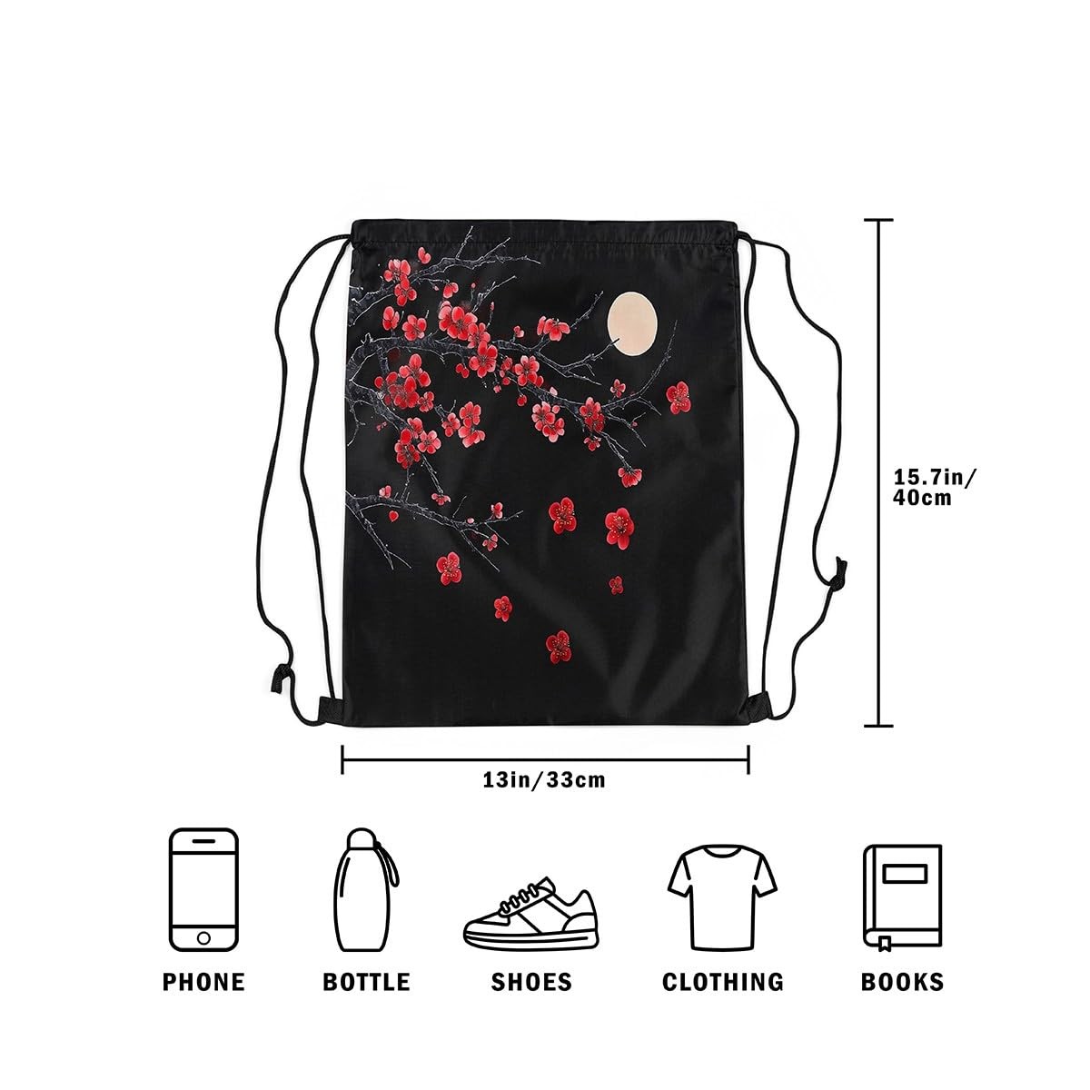 Red Cherry Blossoms Drawstring Backpack 13″x15.7″ Japanese Sports Gym String …