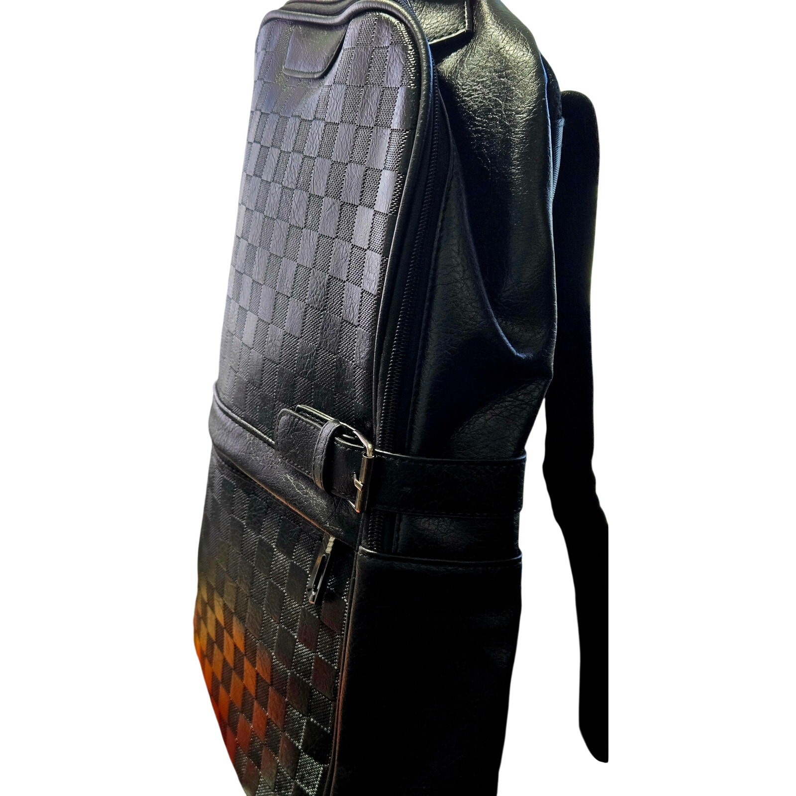 Black Checkered Faux Leather Laptop Backpack Travel Business School New