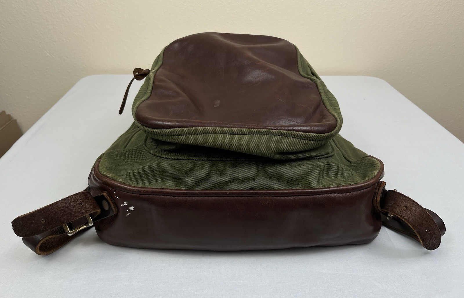 Duluth Pack Green Canvas & Brown Leather Backpack Made In USA YKK Zip Rare