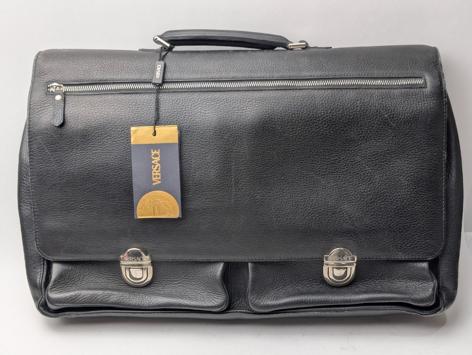 Authentic Versace Black Leather Briefcase Portfolio Business Document Bag NWT