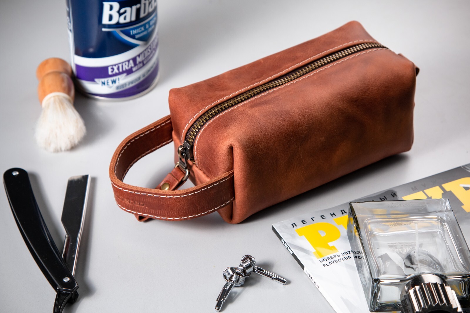 Leather Toiletry Bag For Men Personalized Travel Dopp Kit Handmade Wash Bag