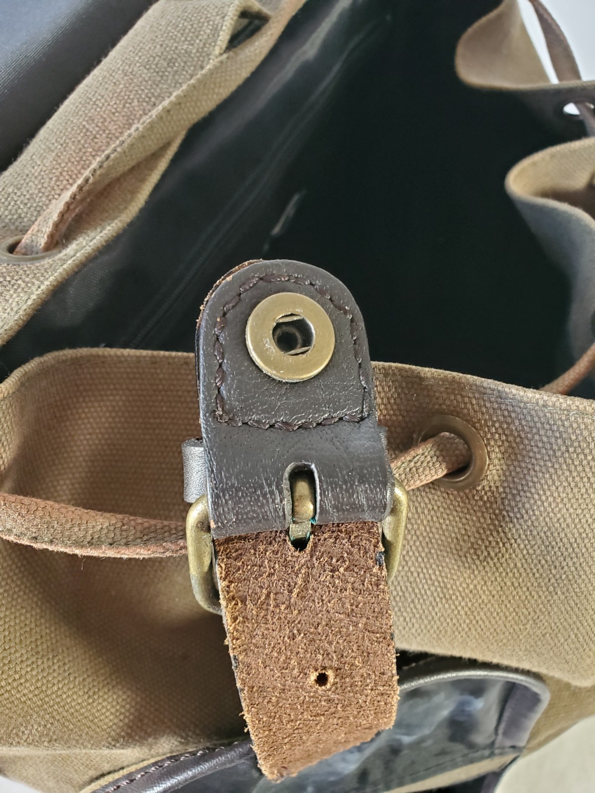 GAP Canvas Military Backpack Leather Straps Snap Pockets Drawstring/ Zipper READ