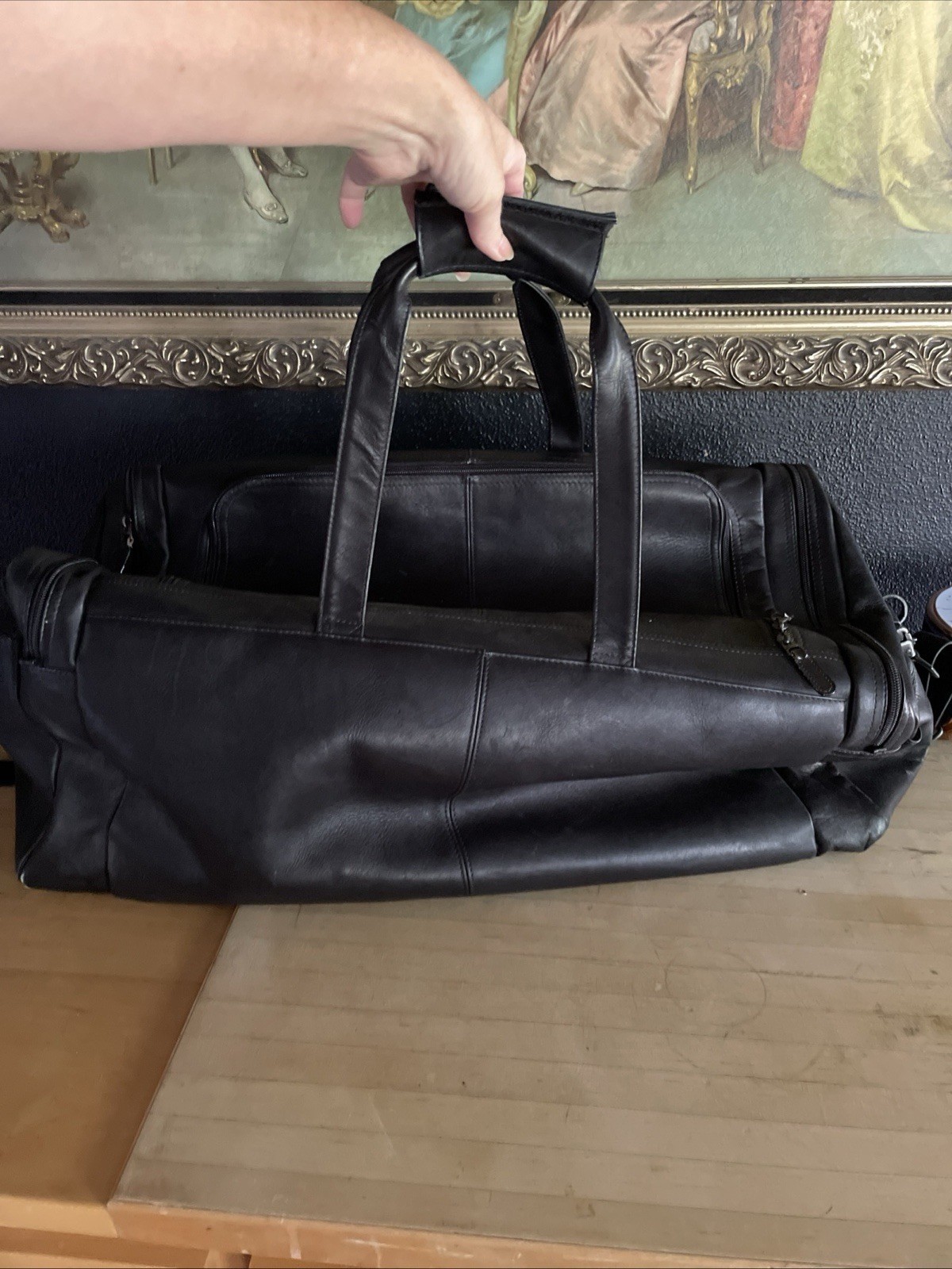 Black Leather Travel Duffel Bag Gym Weekender Overnight Luggage Mens Large