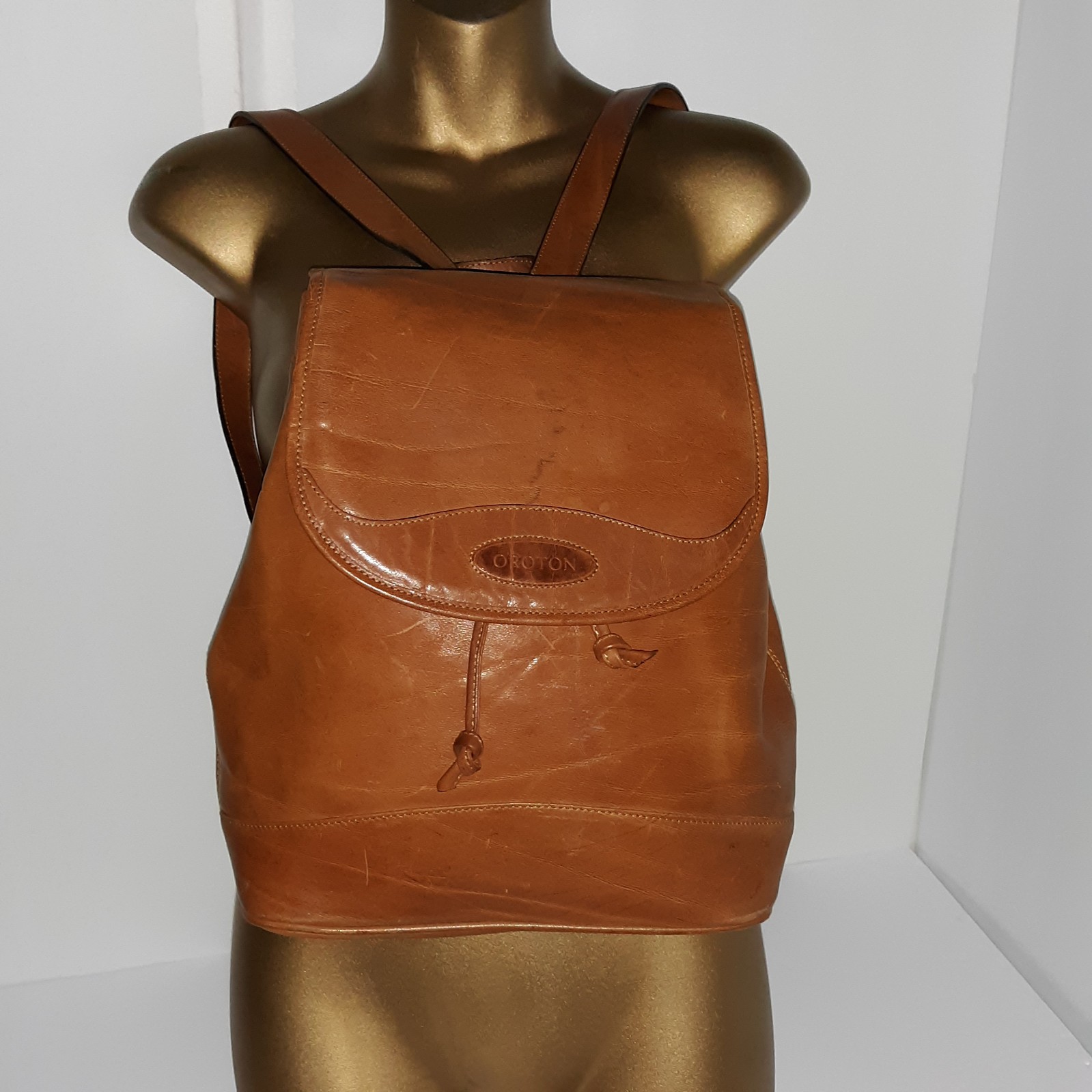 Vtg OROTON Australian Katoomba Backpack Leather Bag Cognac Drawstring Adj Straps