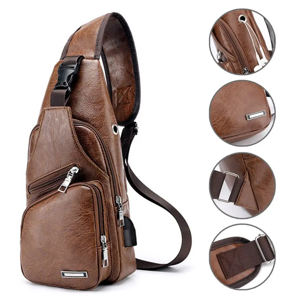 USB data cable charging chest bag casual fashion shoulder bag PU outdoor sports