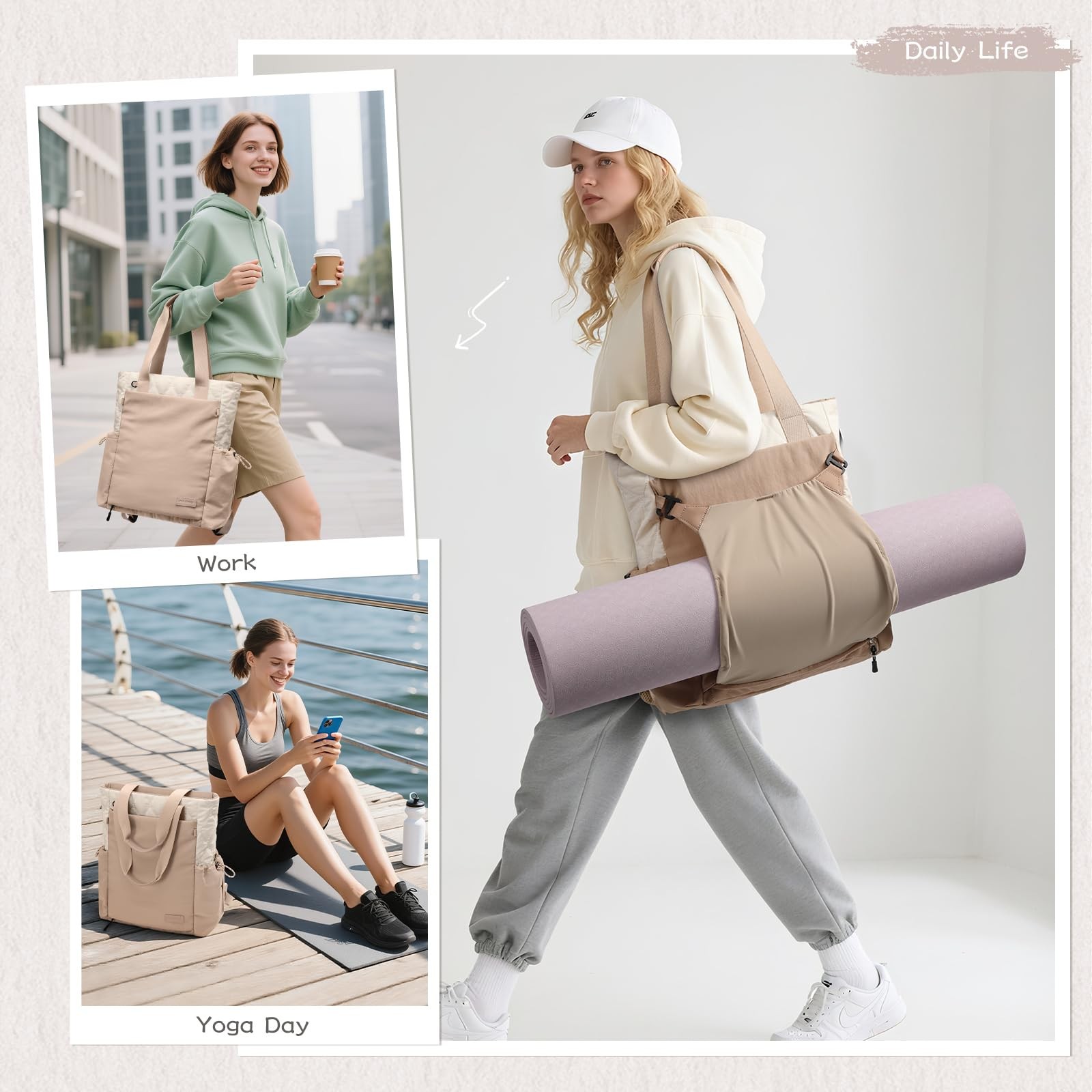 Convertible Laptop Backpack Yoga Sports Bag Quilted Tote Mat Carrier Beige