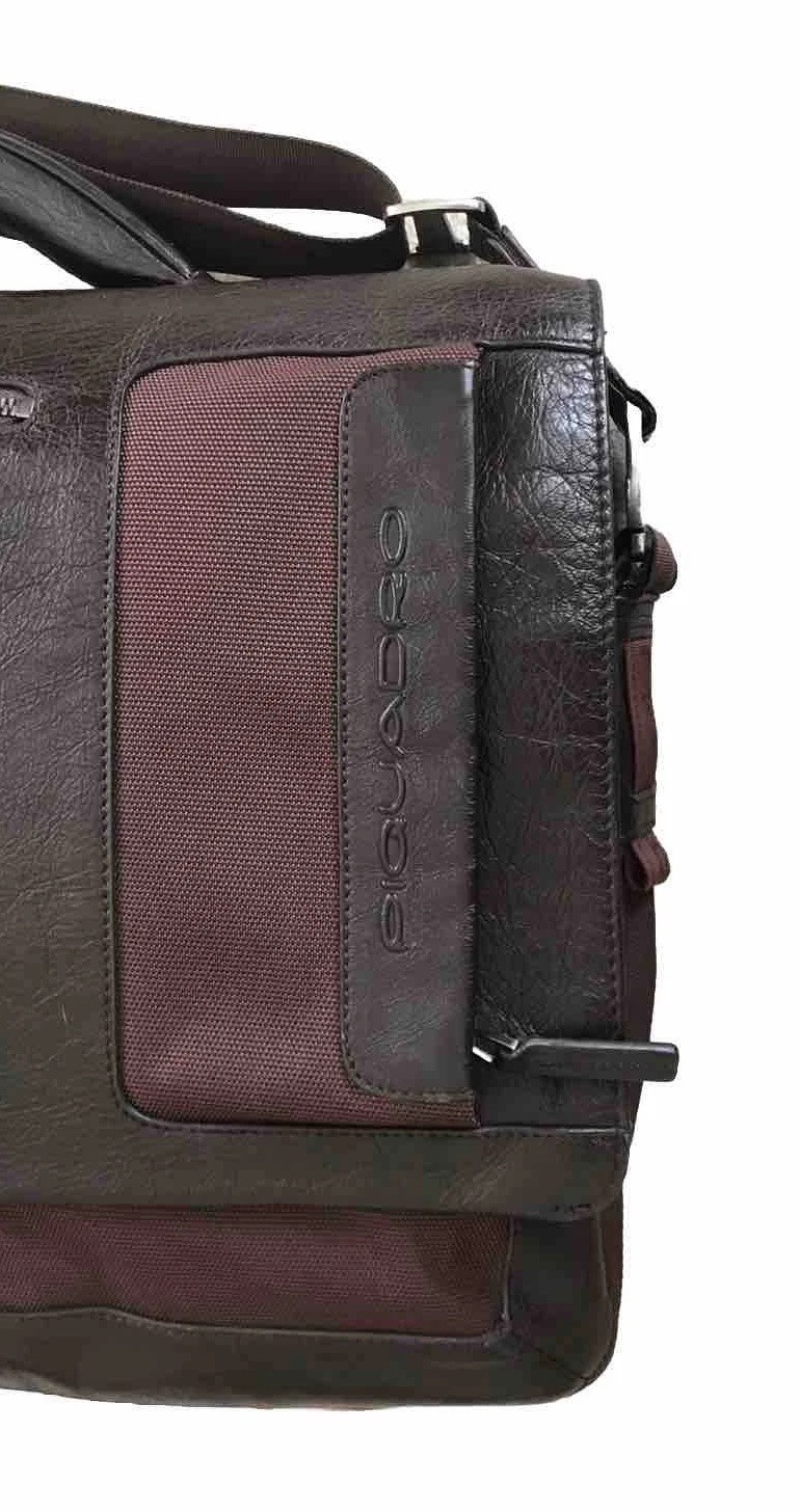 Piquadro Laptop Messenger Bag Brown Leather Fabric DZ8344 Expandable 16x12x5