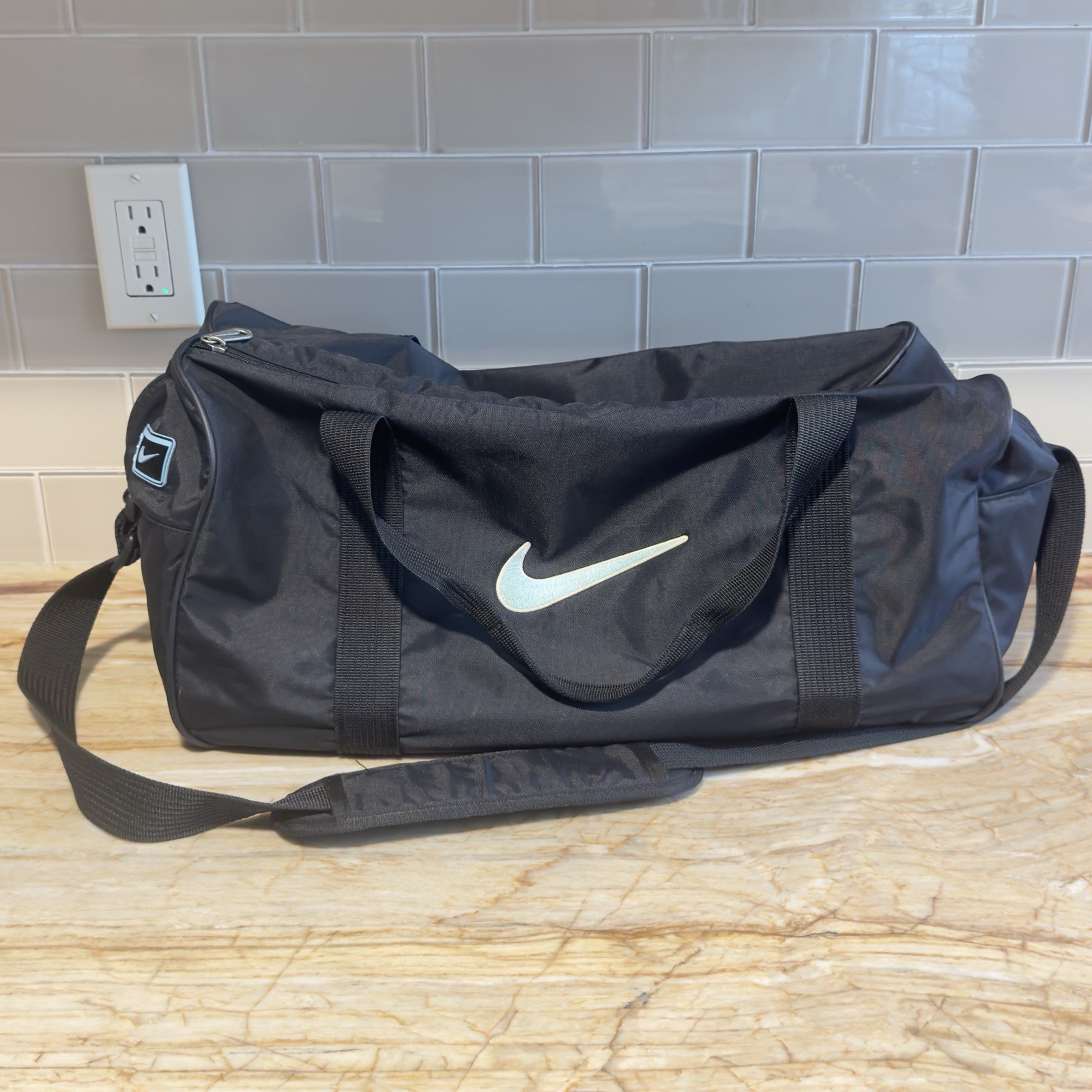 Vtg Nike Air Gym Duffle Bag Black w/Blue Swoosh White Tag 90s Basketball Y2K