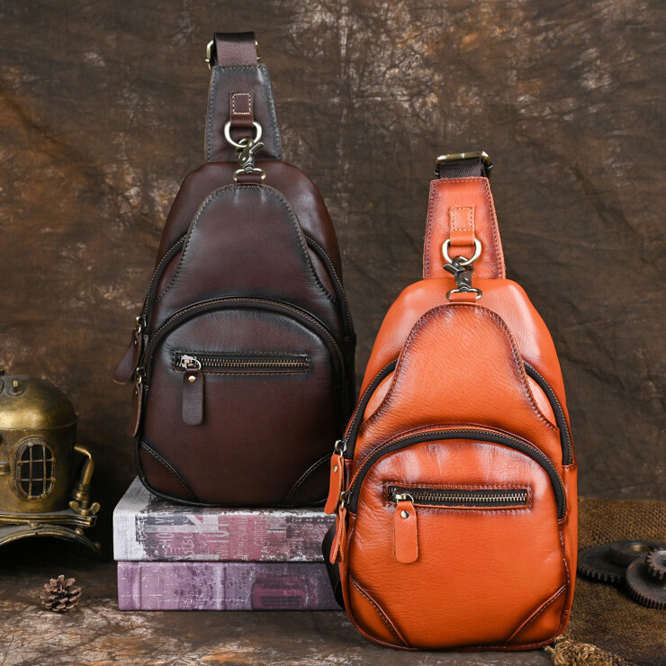 Top Cow Leather Sling Backpack, Men‘s Crossbody Chest Bag Causal Daypack
