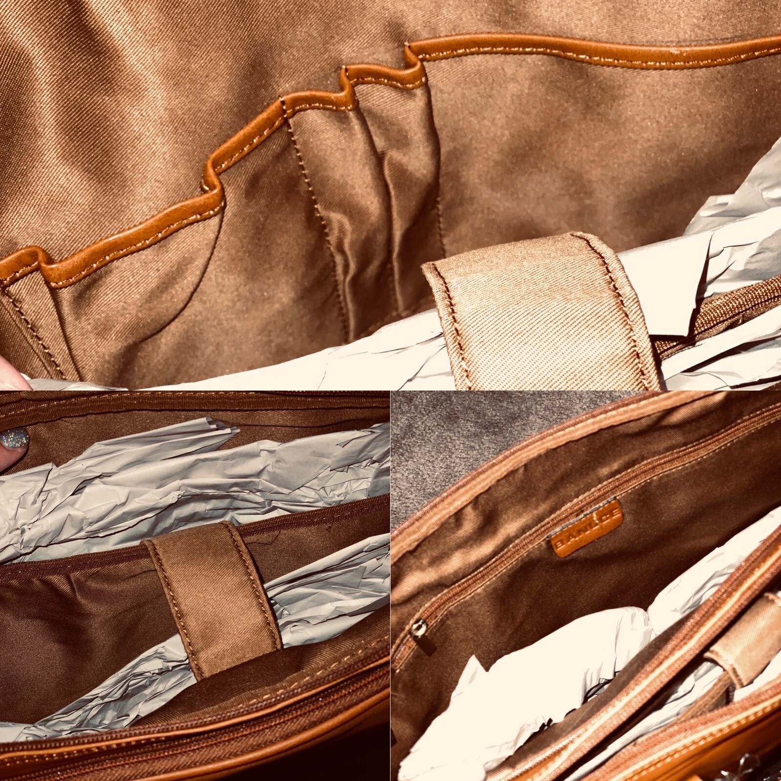 Banuce Leather Tote Briefcase Laptop Case Dark Beige Caramel Brown