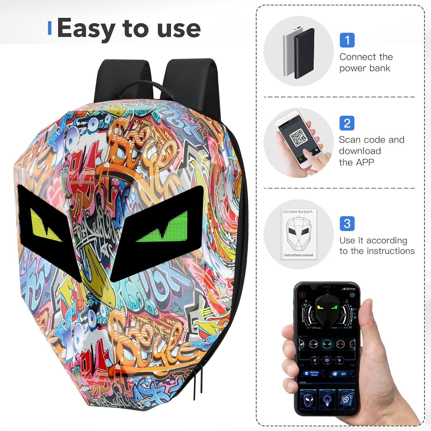 LED Motorcycle Backpack Moving Eyes Hard Case 19in Laptop Bag Graffiti Design