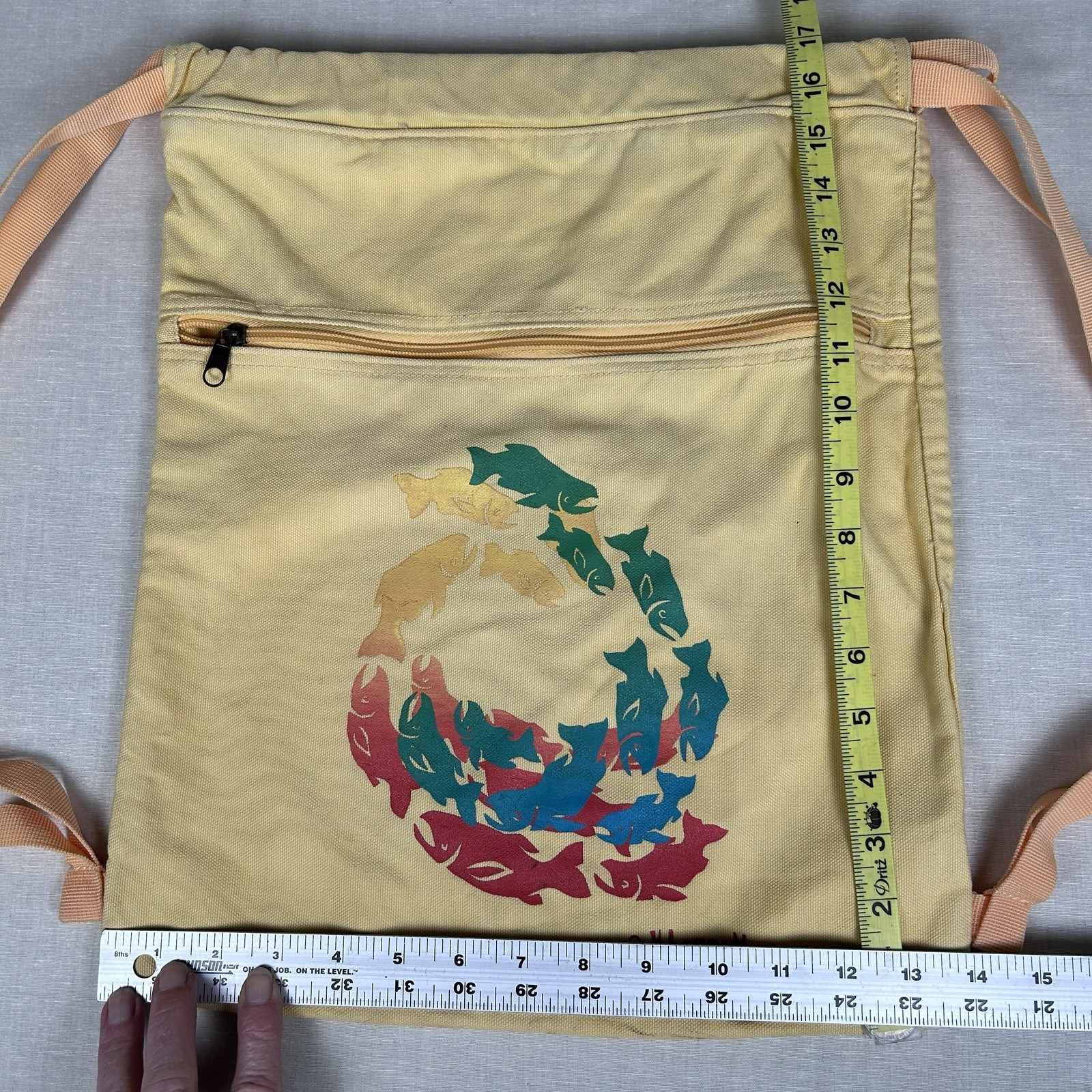 Authentic Pigment Cinch Sack 100 % Cotton Canvas yellow Ocean Fish 14 X 17”