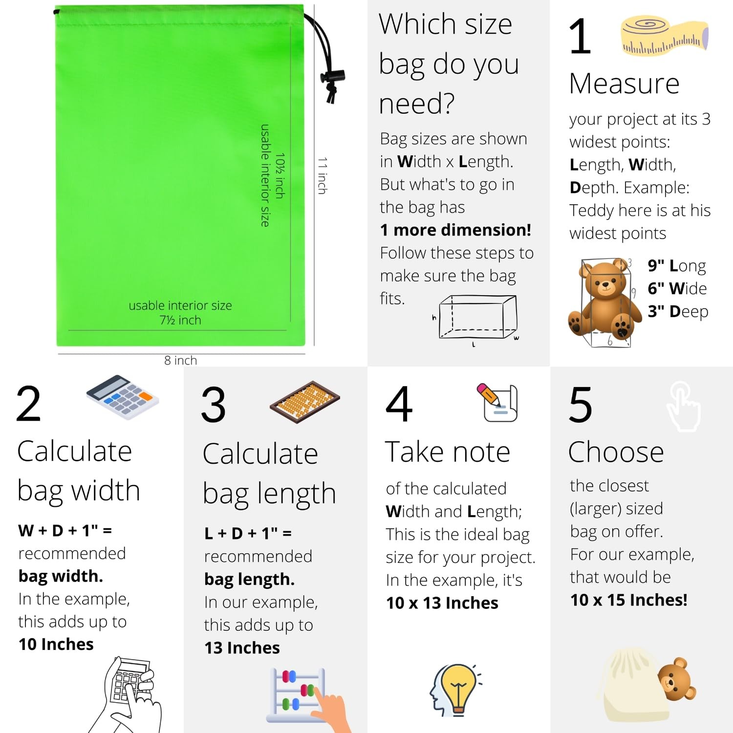 Green 6 PCS Drawstring Bag Toggle Nylon Cinch Ditty Pouch 8×11 Inch
