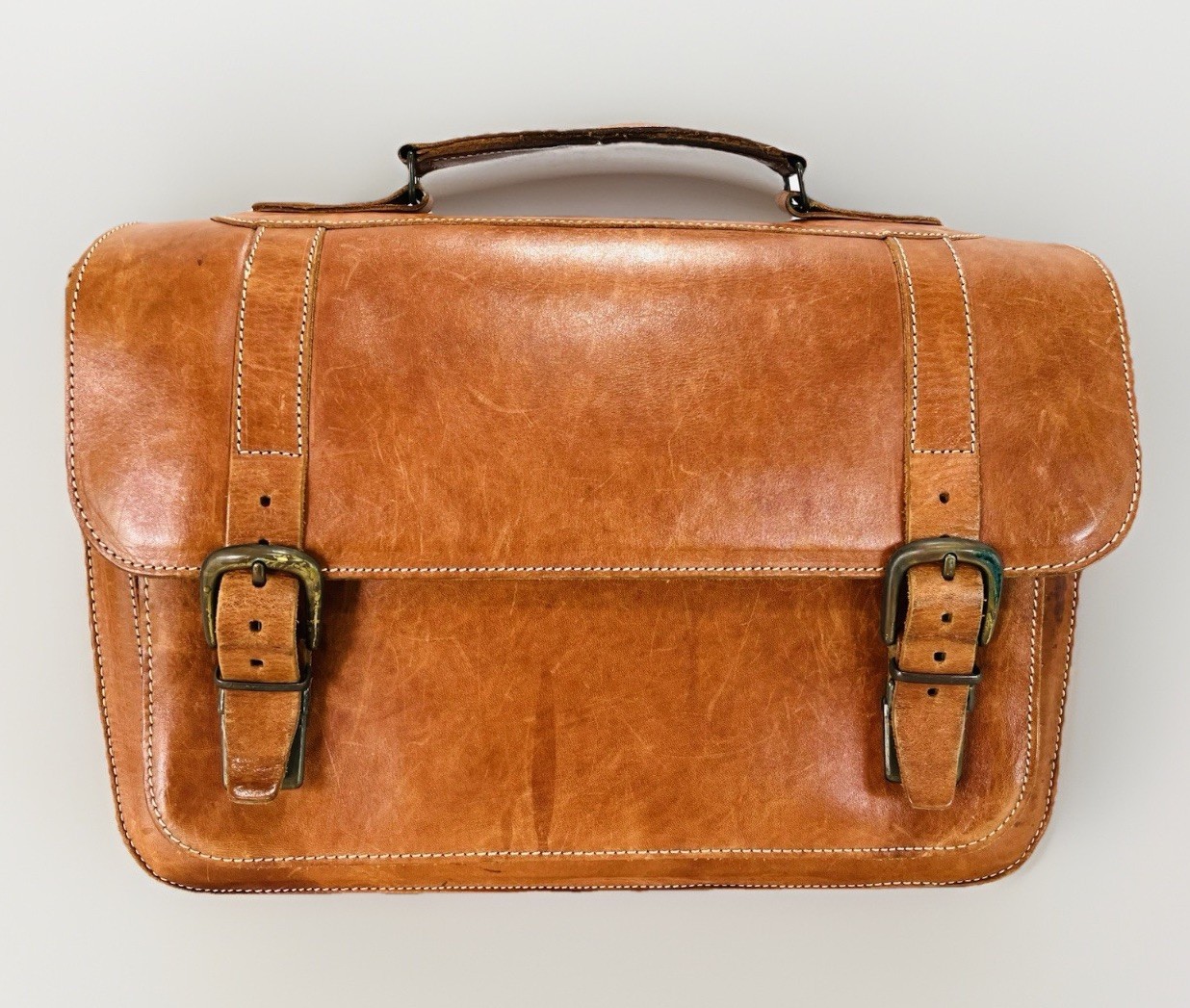 VTG Cognac Leather Briefcase/Laptop Bag w/5 Pockets By Naturally Yours-Greece
