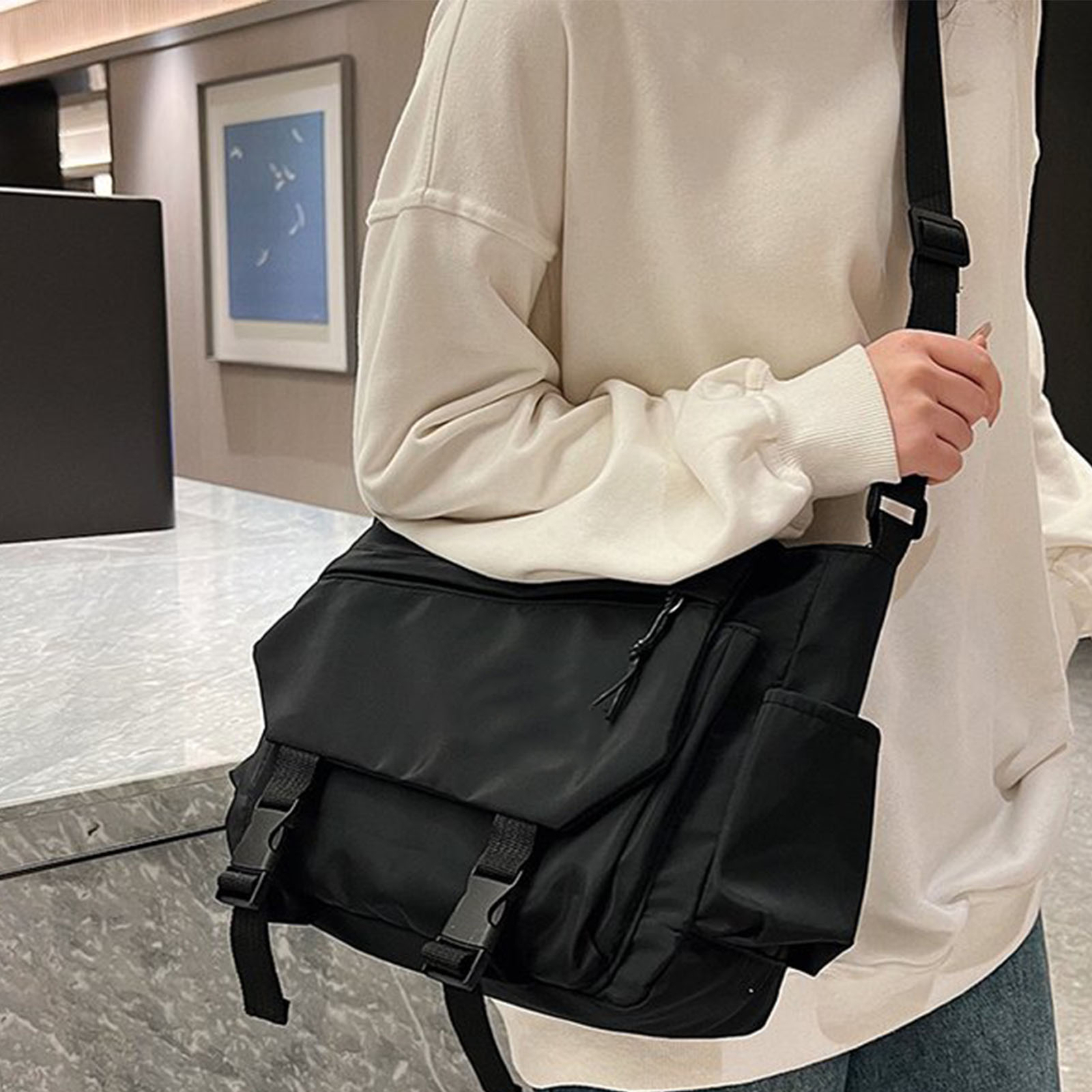 Casual Shoulder Bag Flap Over Messenger Bag Black For Men Women For School