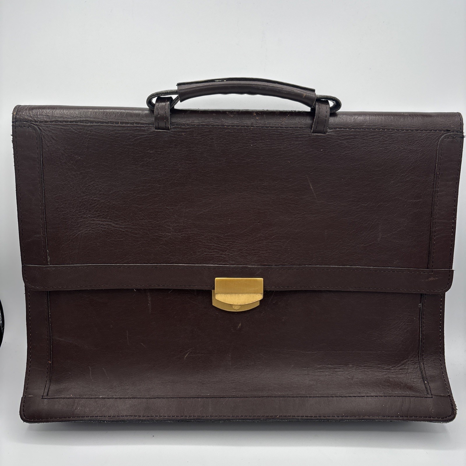 VTG Preppy Portfolio Briefcase Brown Leather Inner Pocket Gold Clutch Handle