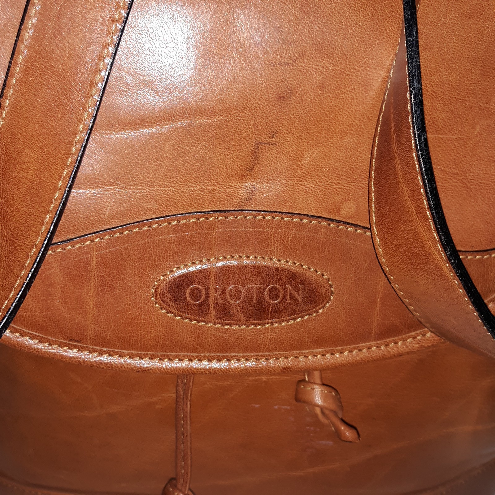 Vtg OROTON Australian Katoomba Backpack Leather Bag Cognac Drawstring Adj Straps