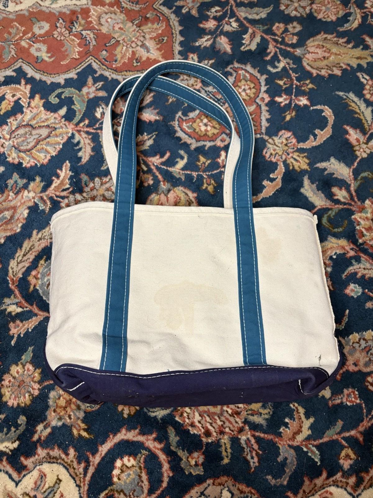 LL Bean Boat & Tote Bag Medium Royal Blue Turquoise Long Handle EUC Purse