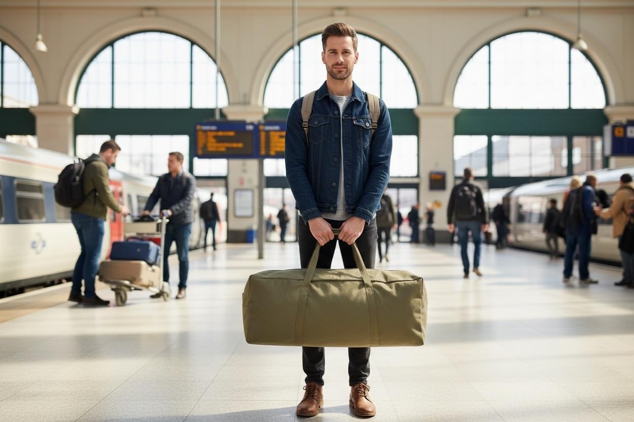 Heavy Duty 60L Canvas Travel Duffle Bag Army Green Side Opening Large Sports