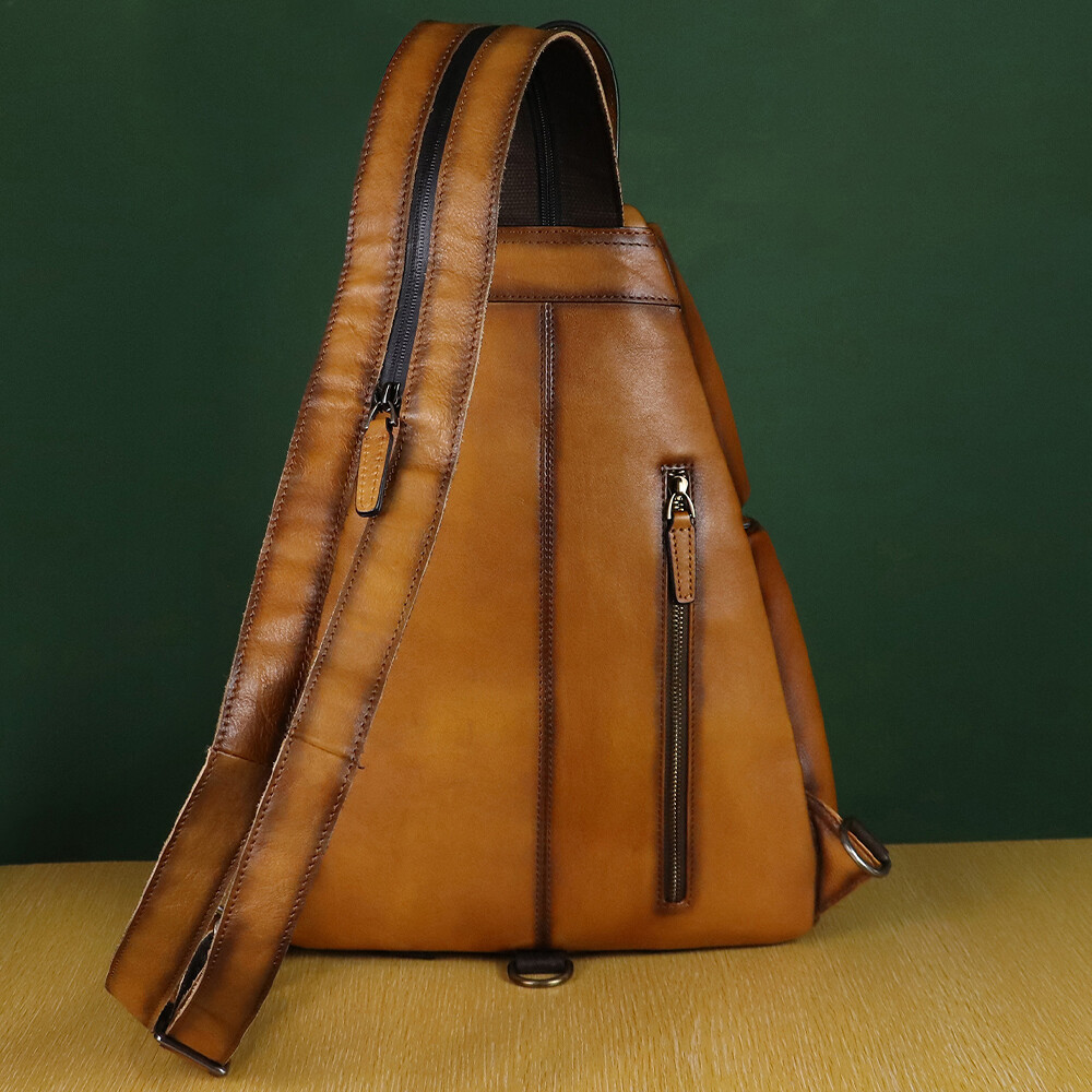 Genuine Leather Men Large Sling Bag Crossbody Bag Real Leather Backpack Purses