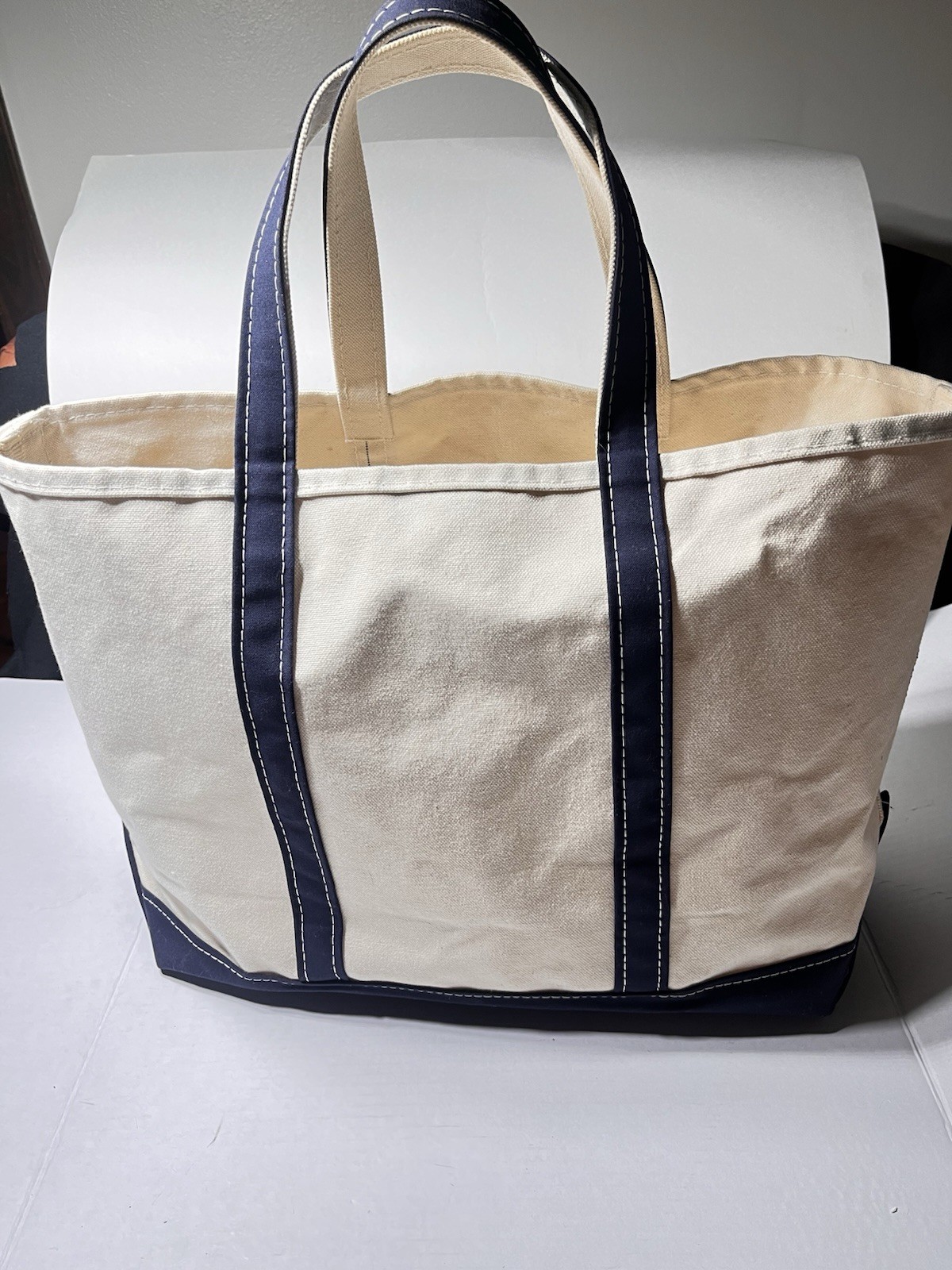 Vintage 90’s LL Bean Boat and Tote Bag Large Off WhiteNavy Blue Stiff Canvas USA