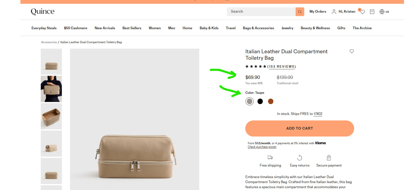 NWT QUINCE MEN’S ITALIAN LEATHER DUAL COMPARTMENT TOILETRY BAG TAUPE MSRP $70