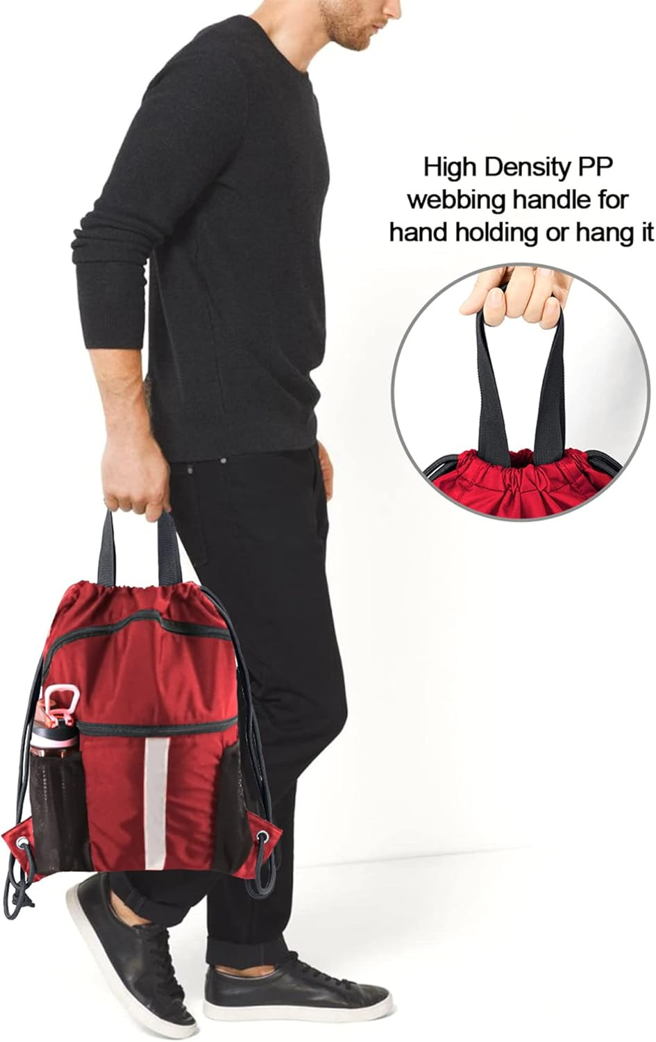 Drawstring Backpack Bag with Shoe Compartment, X-Large Black Gym Sports String C