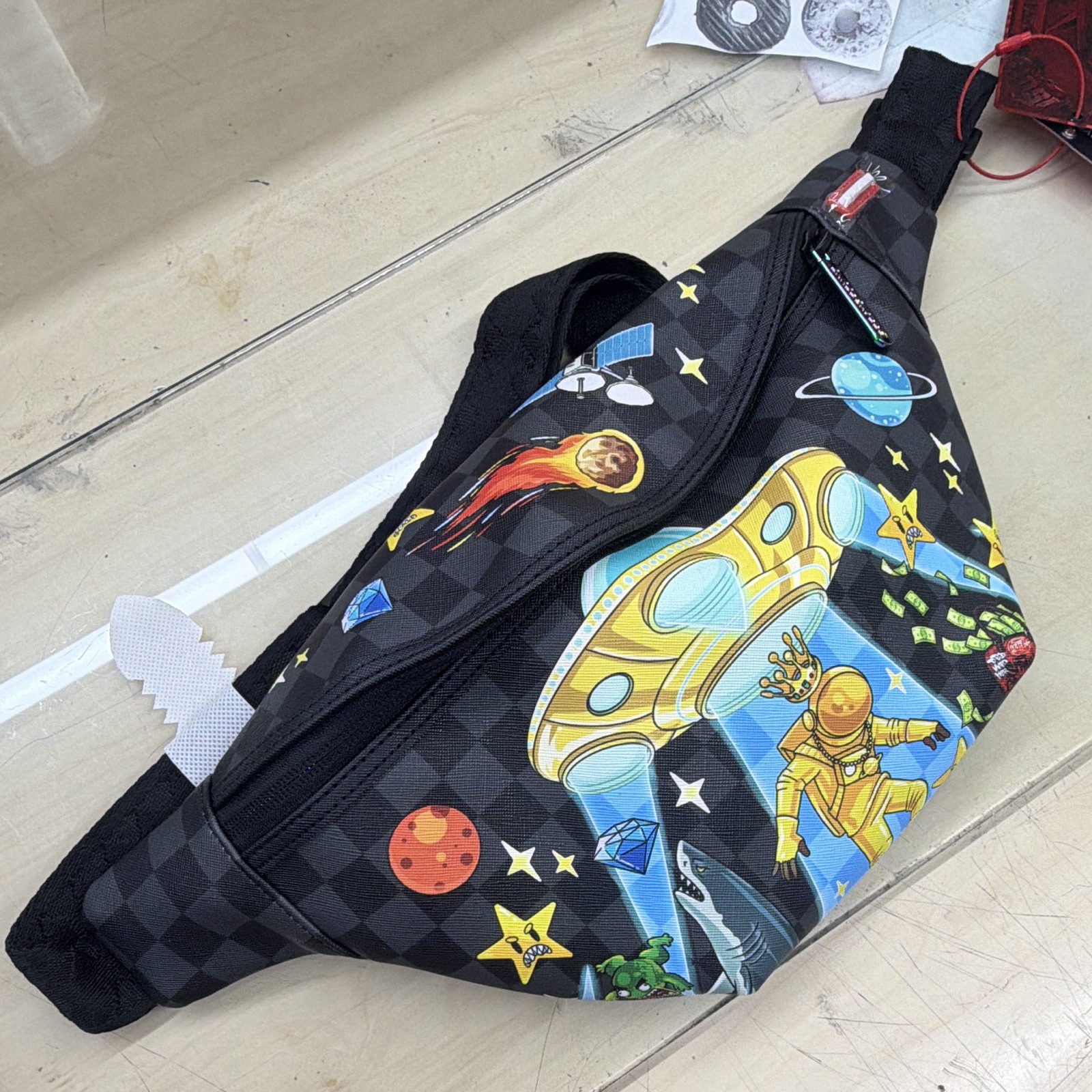 Sprayground Limited Edition Astronaut Space Checkered Belt Bag Zip, Adjustable
