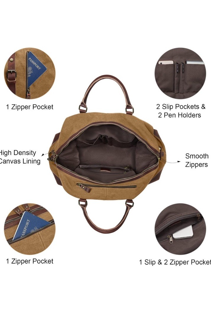 New Canvas Leather Weekender Duffel Travel Bag + Matching Dopp Kit – Khaki