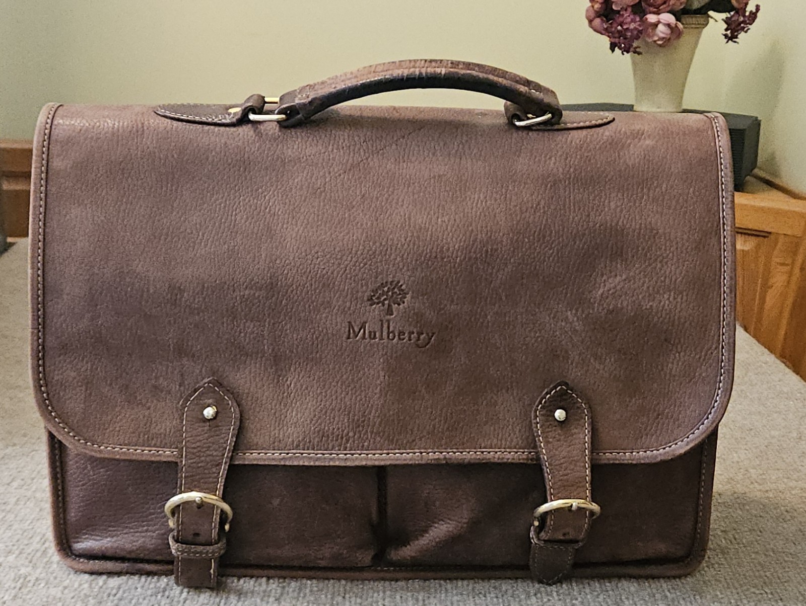 Vintage Mulberry 90s Italian Leather Heritage Briefcase Messenger Bag Tartan 11″