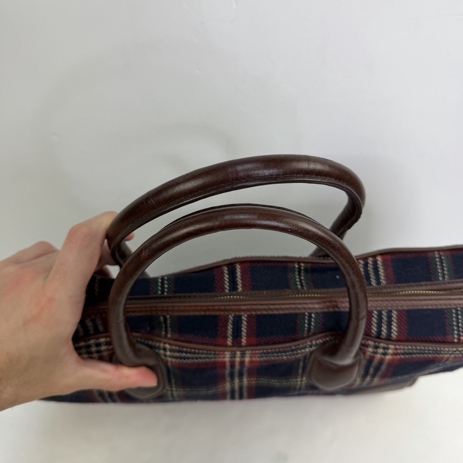VTG Brooks Brothers Wool & Leather Briefcase Handle Bag Zipper Blue Plaid – 17”
