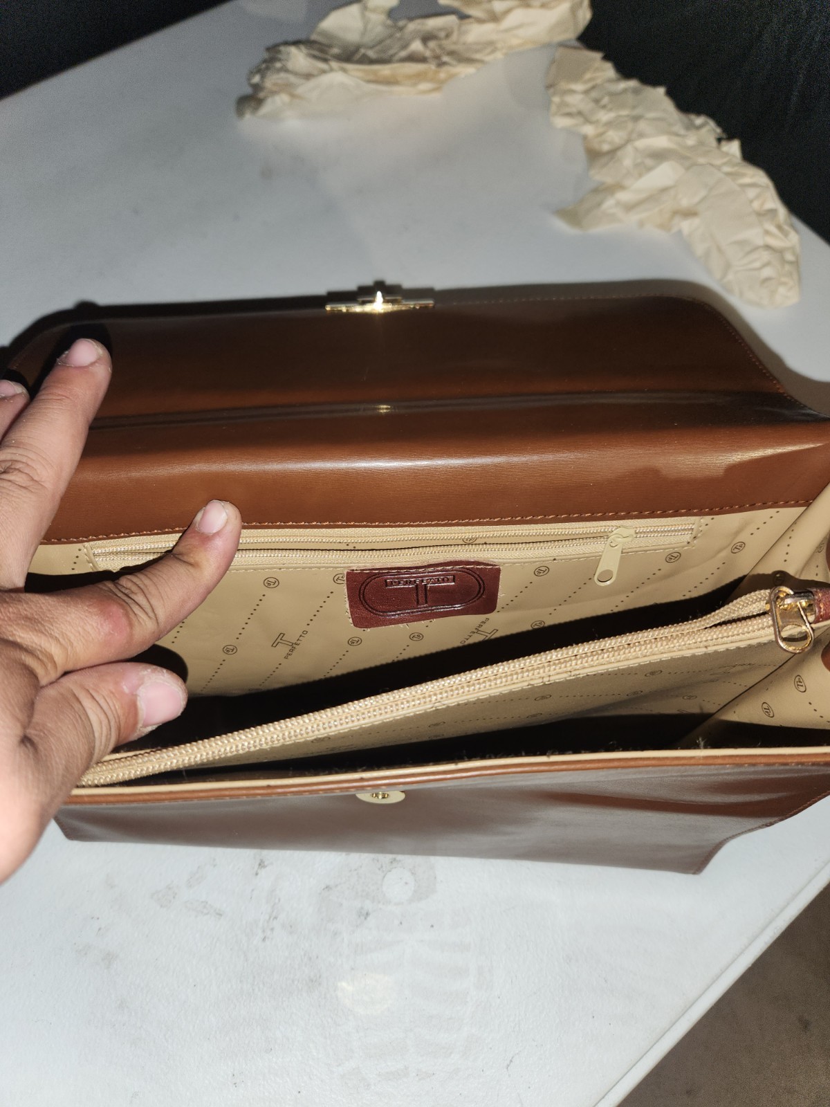 Pereftto Brown Men’s Briefcase/Document Case Push Lock, Strap, Pockets