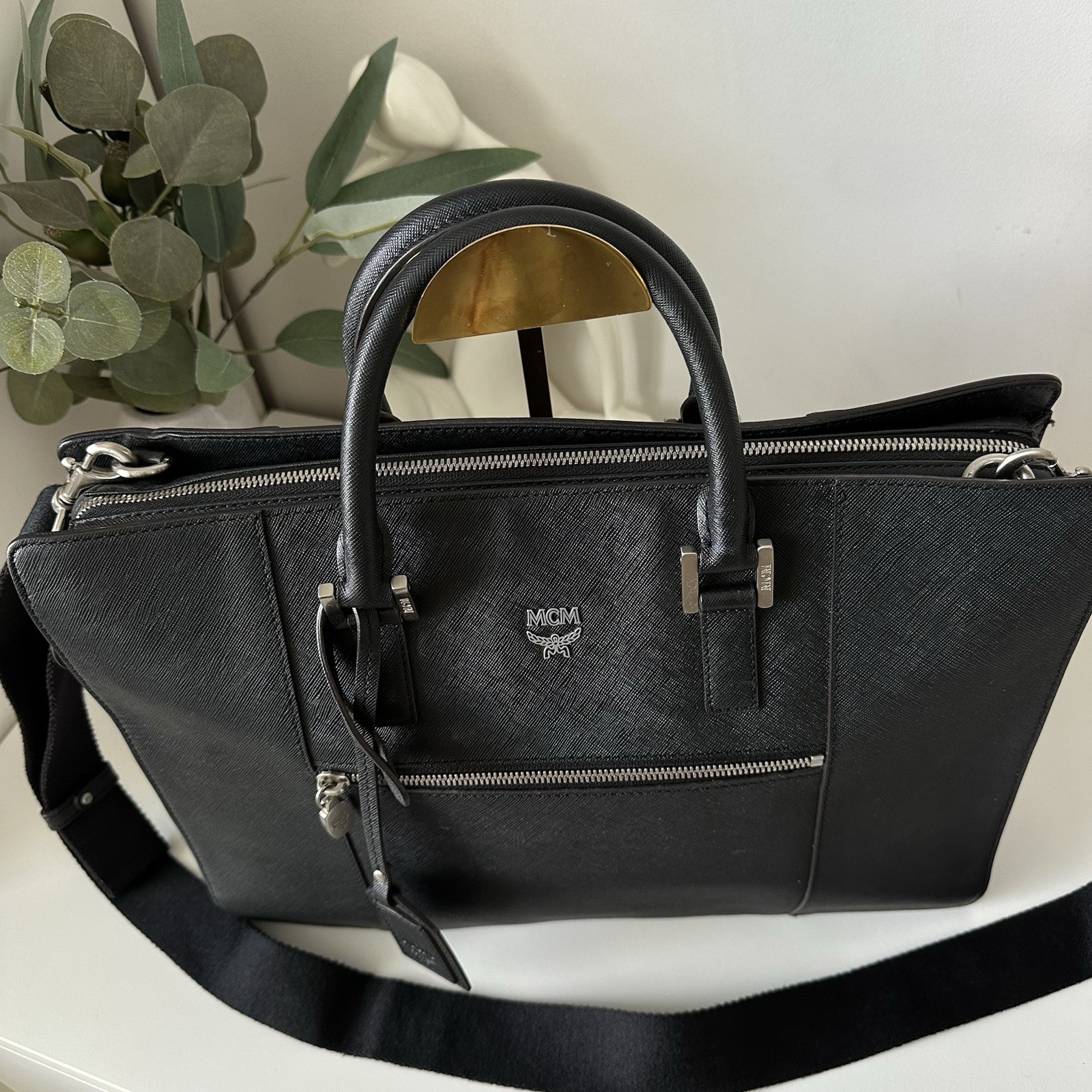 MCM Klassik Briefcase Black Saffiano Leather Silver Hardware Laptop Document