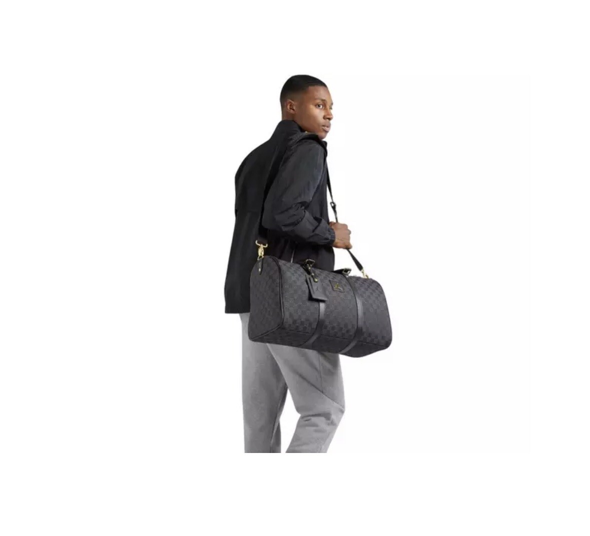 🔥Air Jordan Monogram Canvas Large Duffle Bag Black & Gold Jacquard NWT 🏷️