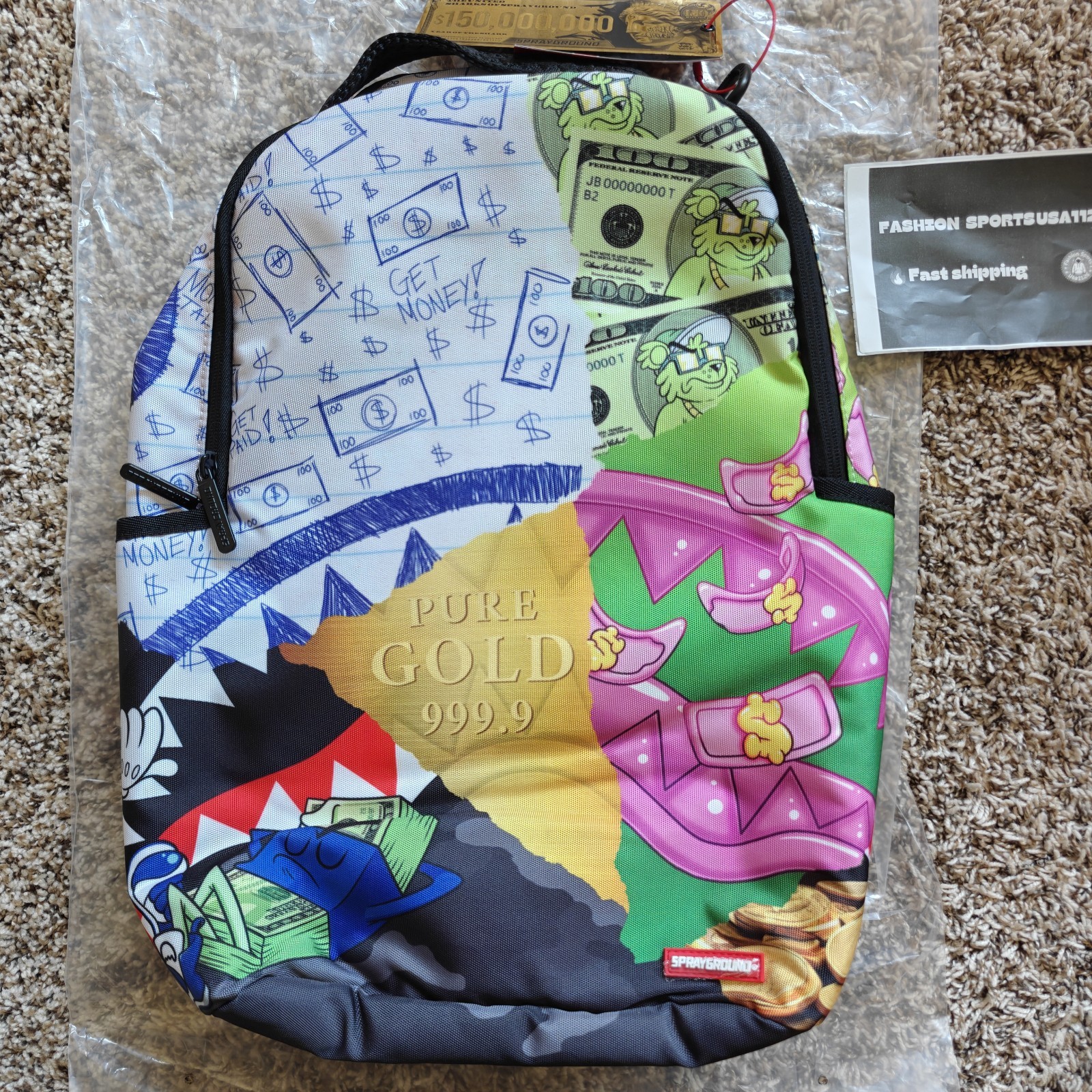 💥💥Sprayground Pure Gold Money Backpack New Black Bookbag Large School Bag