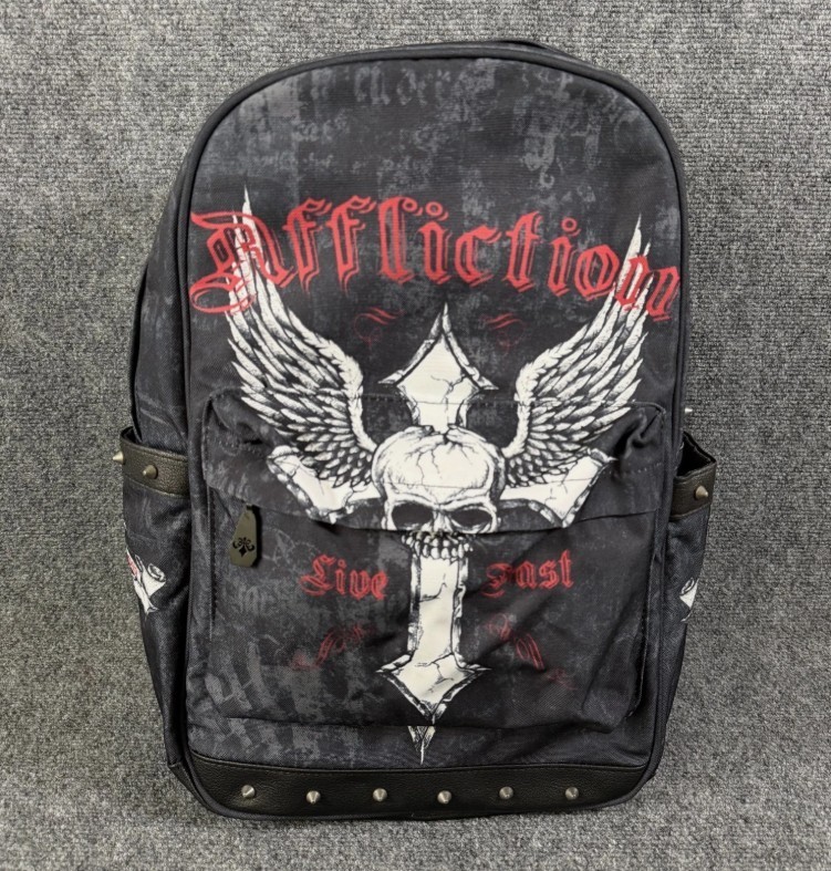 *NEW* Affliction Live Fast Backpack Black Skull Wing Cross Studded Laptop Travel