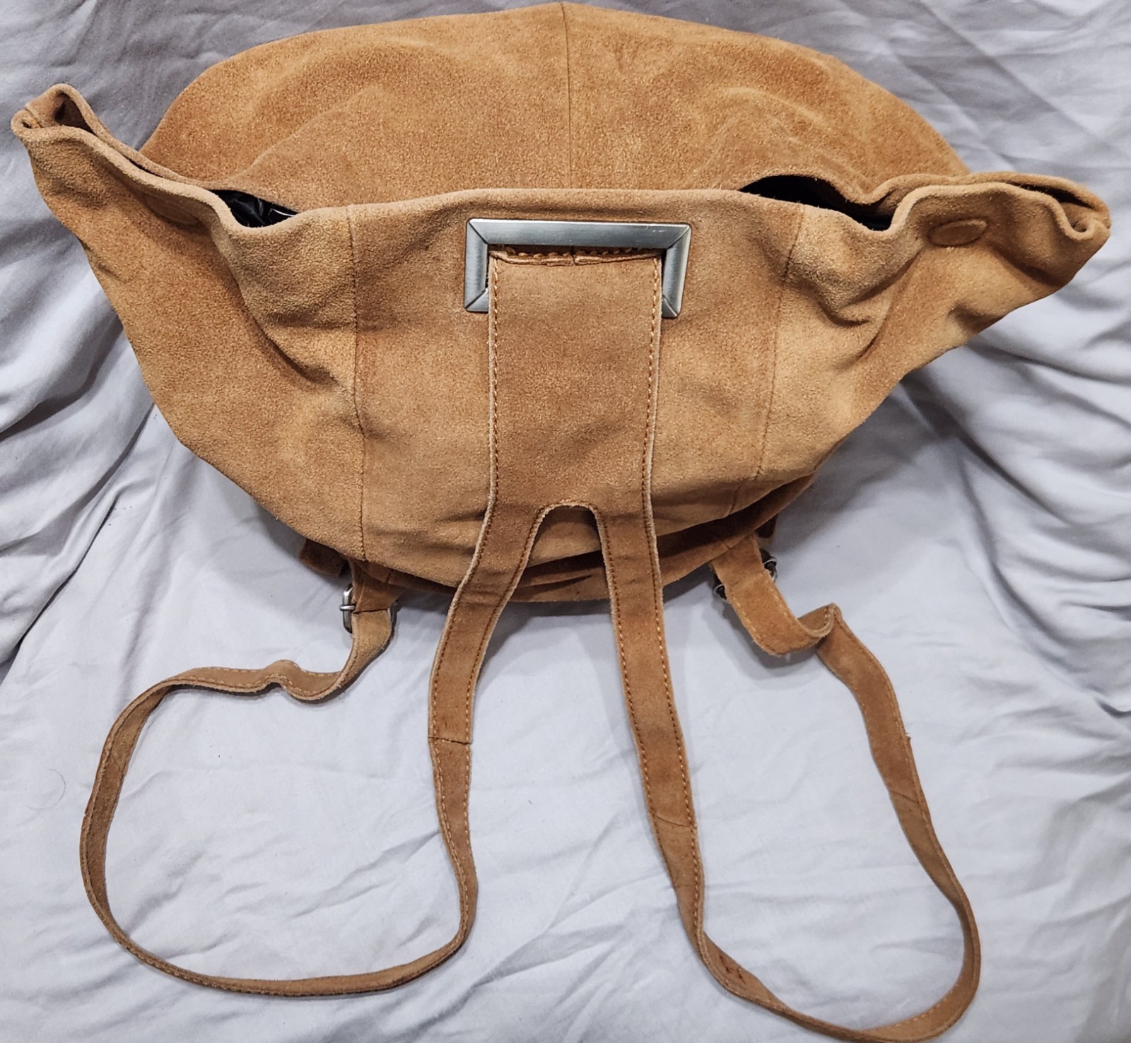 Zara Trafaluc Tan Suede Leather Backpack Rucksack Bag Cotton Linen Lined Boho