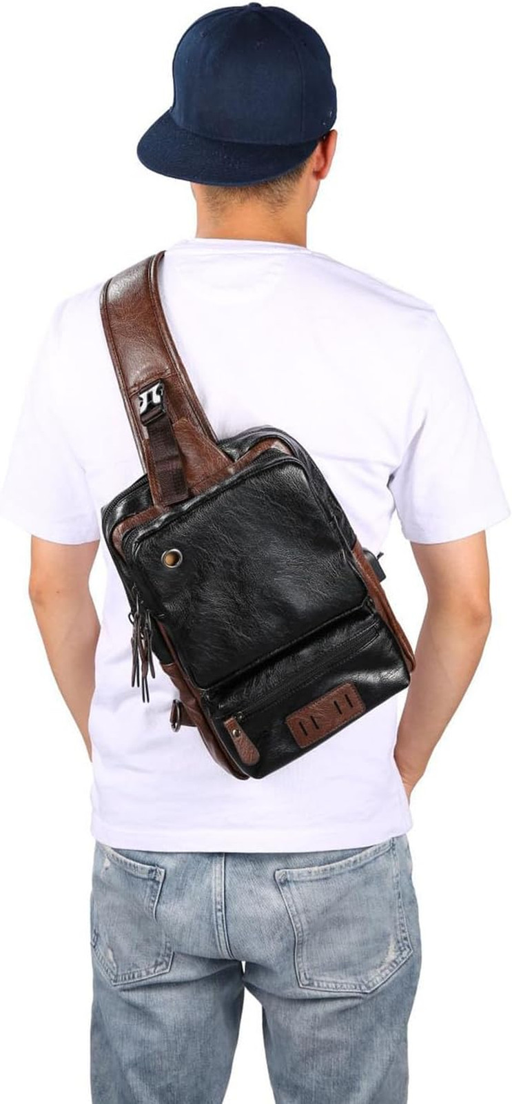 Men’S Lightweight PU Leather Sling Bag – Breathable Crossbody Pack with USB Char