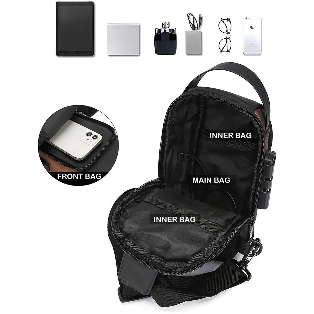Anti Theft Sling Bag Waterproof Chest Bag Crossbody Backpack w/ USB Charge Port