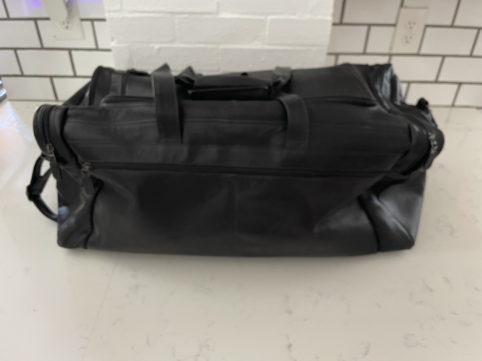 Black Leather Travel Duffel Bag Gym Weekender Overnight Luggage Mens Large