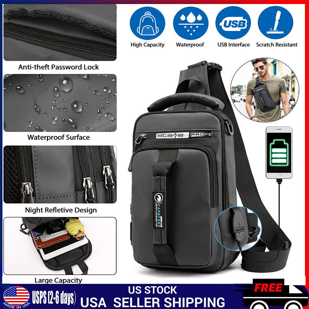 Anti-theft Chest Shoulder Messenger Backpack Men Sling Crossbody Bag USB Port US