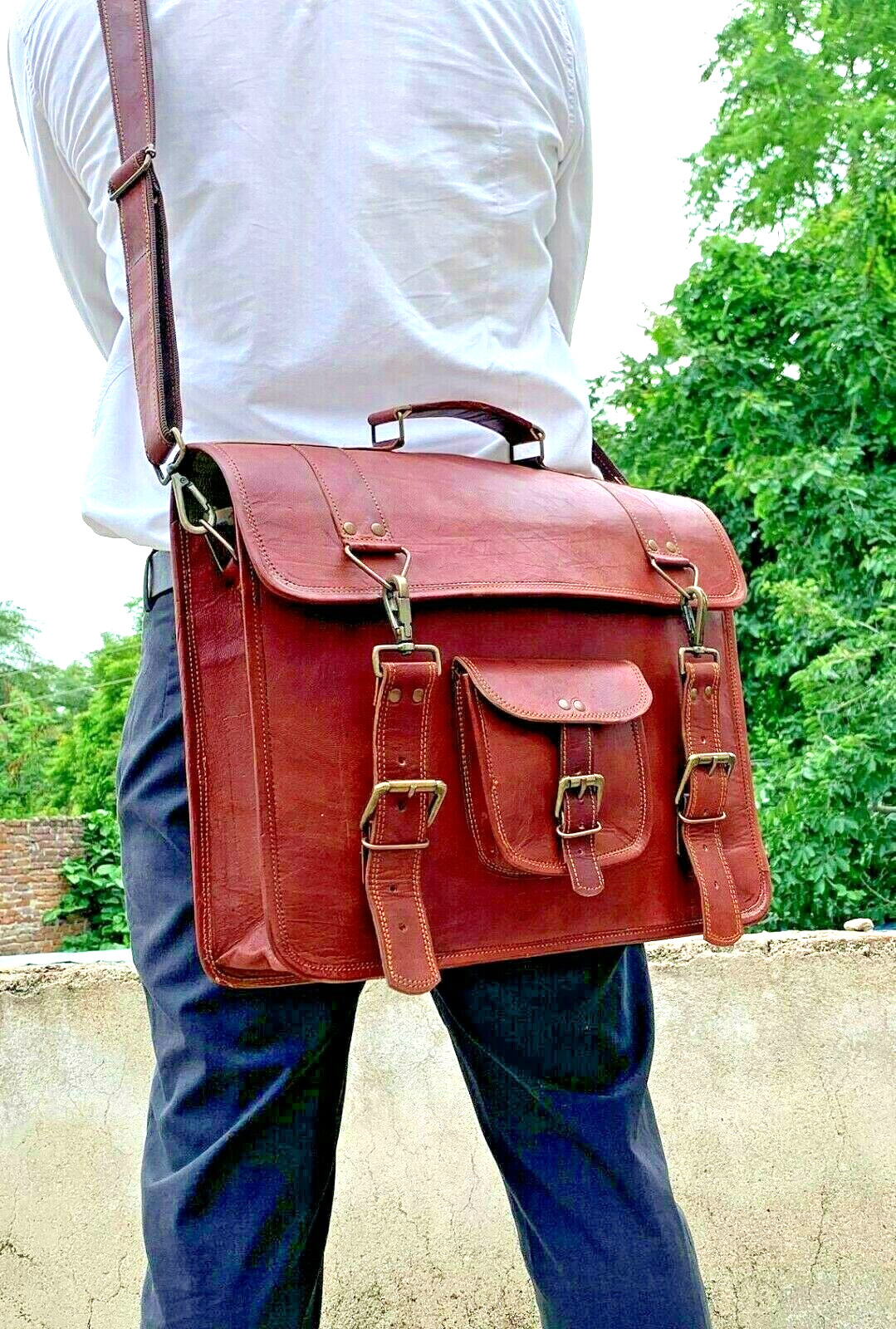 Genuine Vintage Crossbody Leather Briefcase Messenger Backpack Laptop Unisex Bag