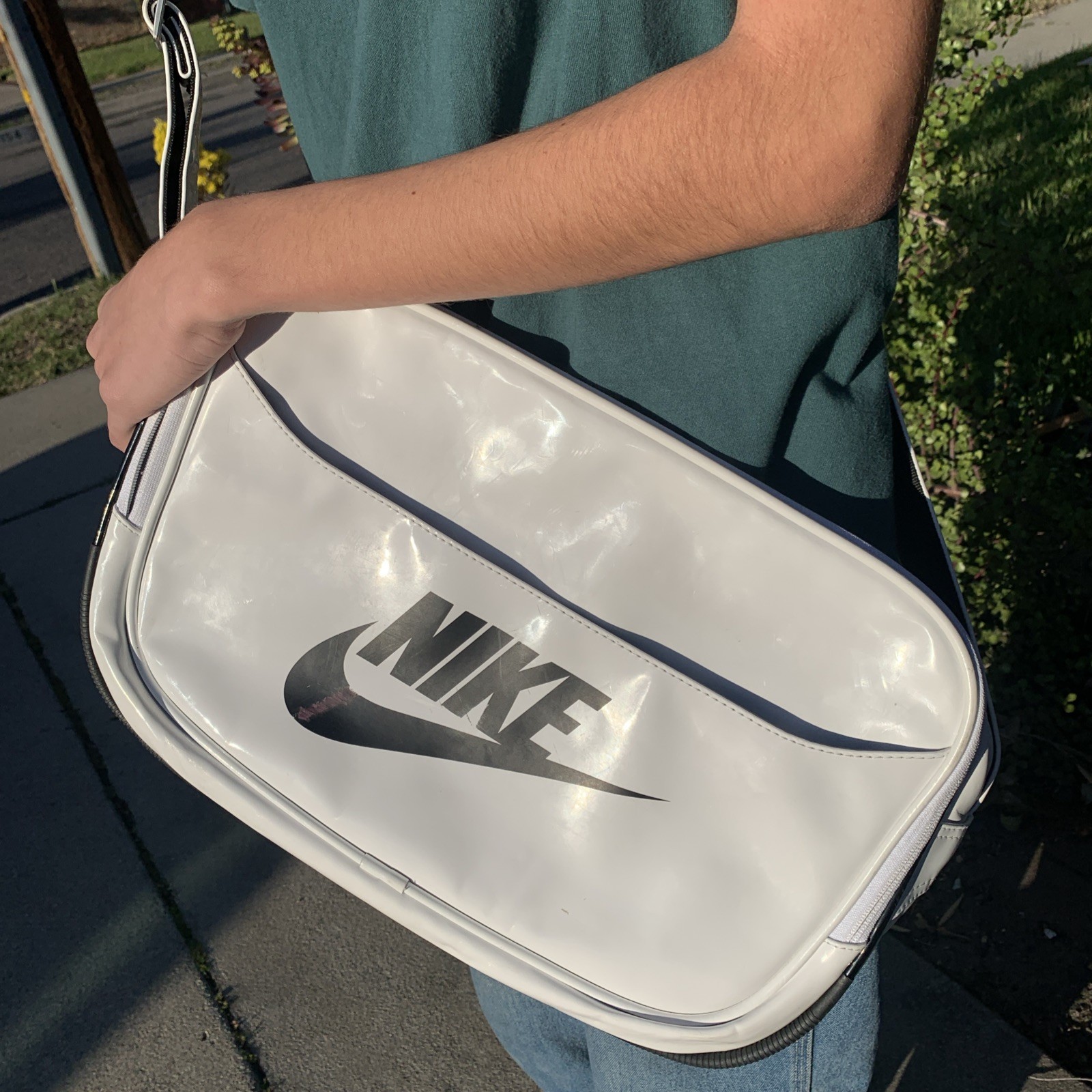 VTG 90s Nike Patent Leather Messenger Bag Body Crossbody Swoosh Logo Sport
