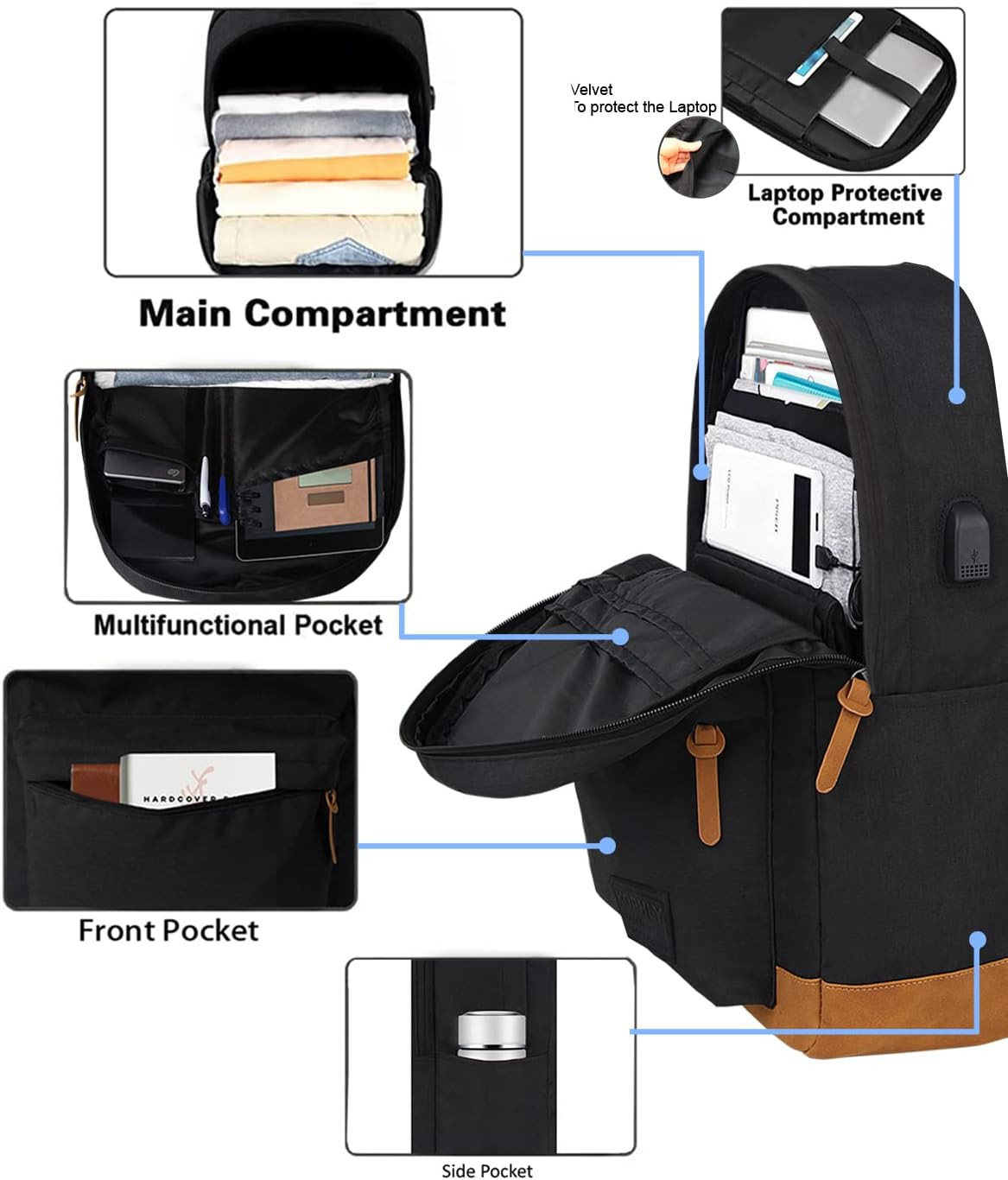 Large Travel Laptop Backpack with USB Charging Port for Men and Women, Classic S