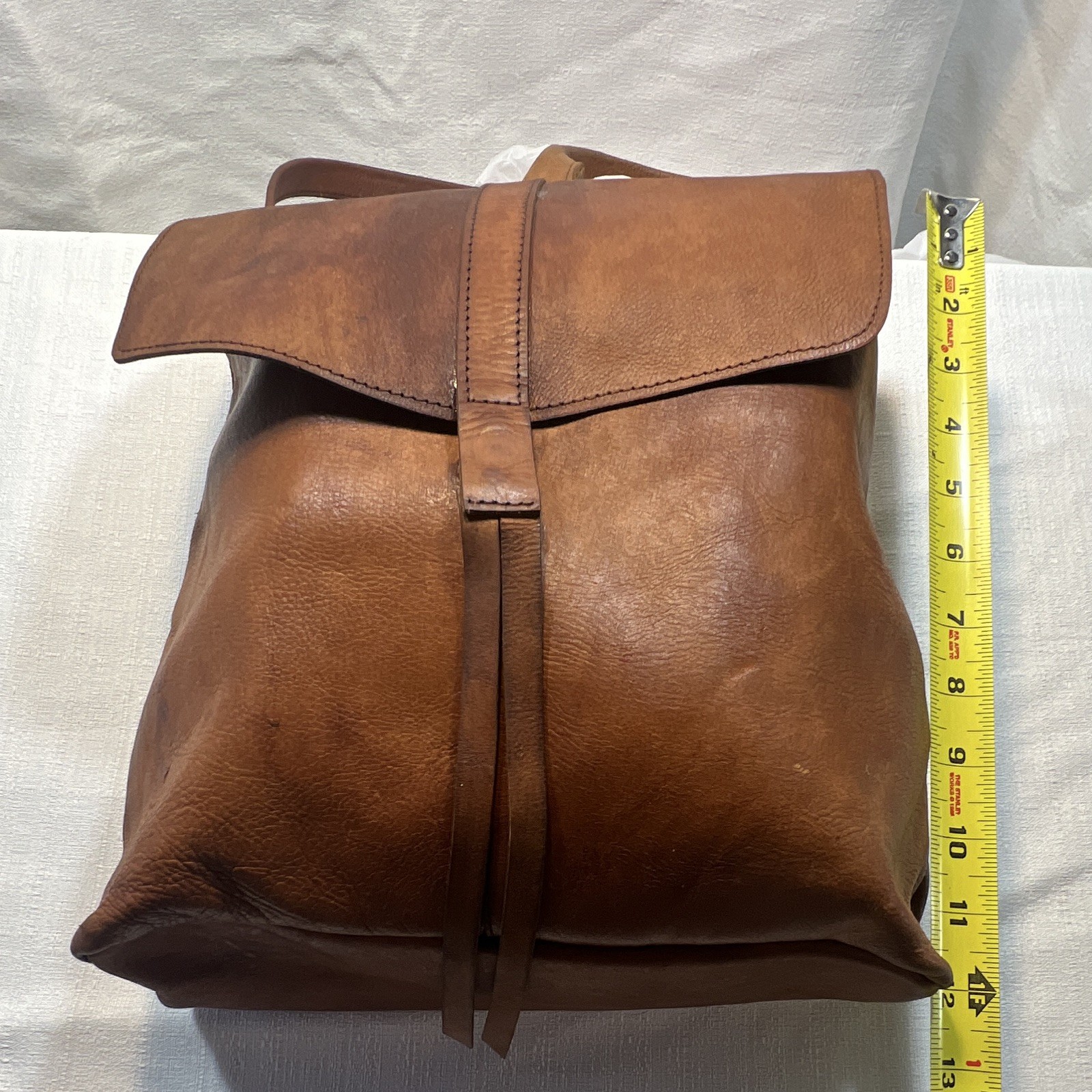 Raven + Lily Handmade Leather Foldover Backpack, Cognac Brown, 12″x9″x4″
