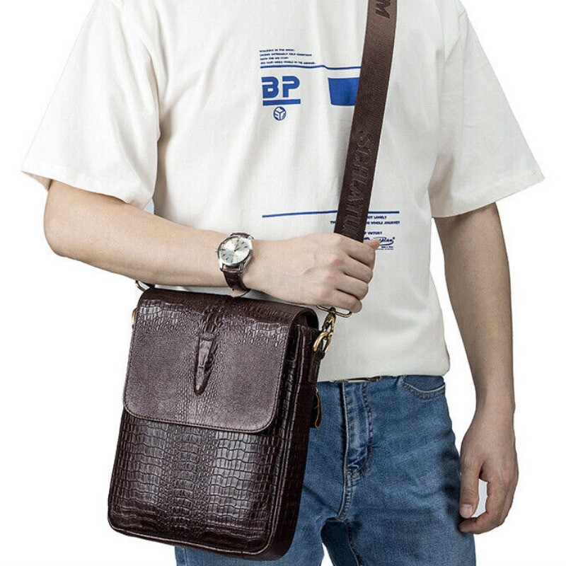 Top Cowhide Leather Men’s Crocodile Pattern Crossbody Shoulder Bag Messenger Bag