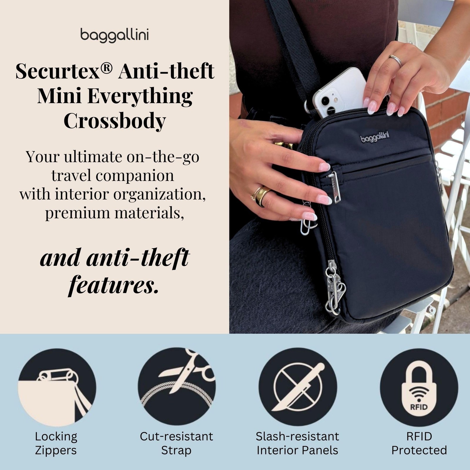 Baggallini Securtex Anti-Theft Mini Everything Crossbody One Size, Charcoal