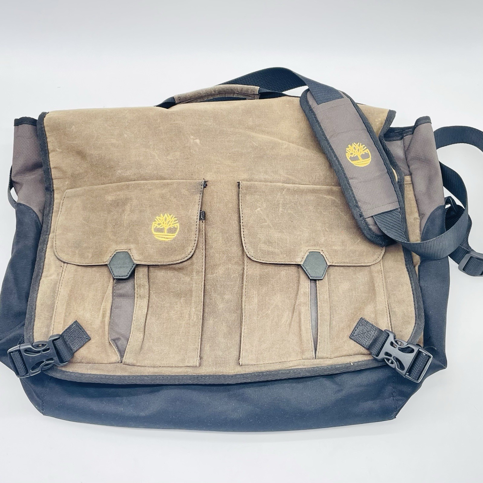 Timberland Brown/Black Canvas Large Messenger Bag Men Adjustable Shoulder Strap